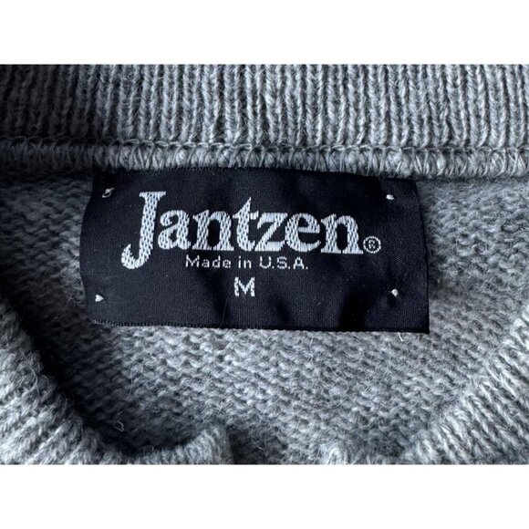 Vintage Jantzen Men's Sz M Gray and Blue Wool Sweater w/ Leather Buttons  USA - Picture 4 of 12
